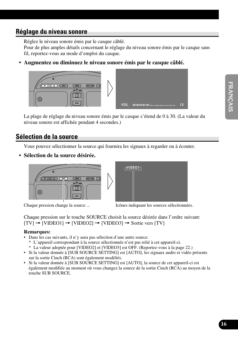 Réglage du niveau sonore sélection de la source, Réglage du niveau sonore, Sélection de la source | Pioneer AVR-W6100 User Manual | Page 53 / 112