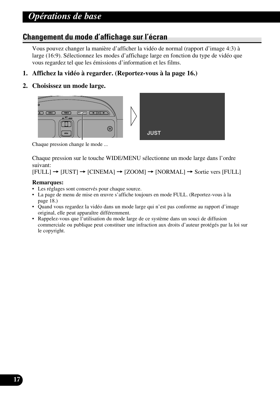 Changement du mode d’affichage sur, L’écran, Modes d’agrandissement disponibles | Opérations de base, Changement du mode d’affichage sur l’écran | Pioneer AVR-W6100 User Manual | Page 54 / 112