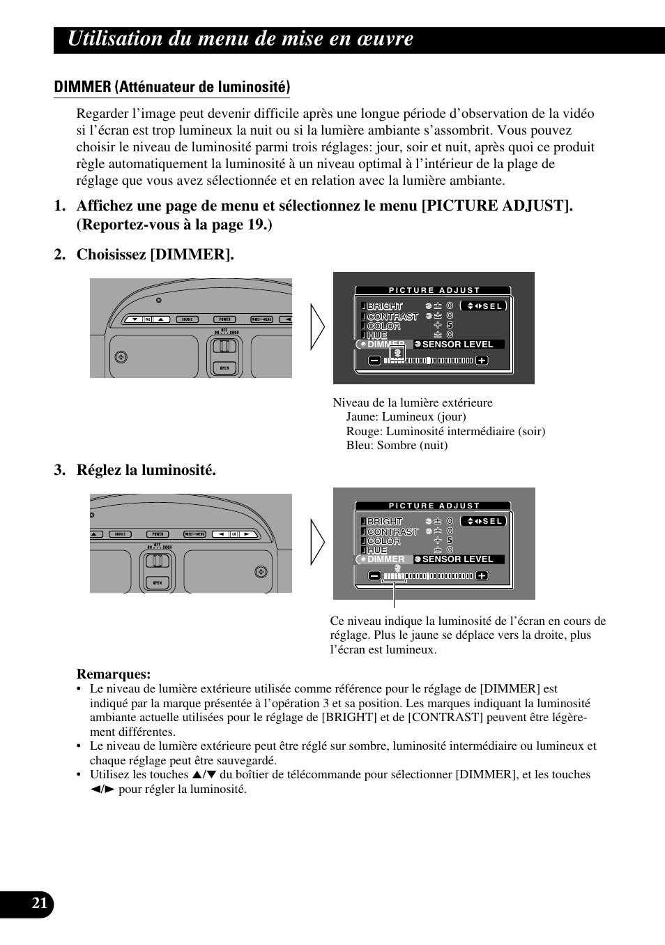 Utilisation du menu de mise en œuvre, 21 dimmer (atténuateur de luminosité), Réglez la luminosité | Remarques | Pioneer AVR-W6100 User Manual | Page 58 / 112