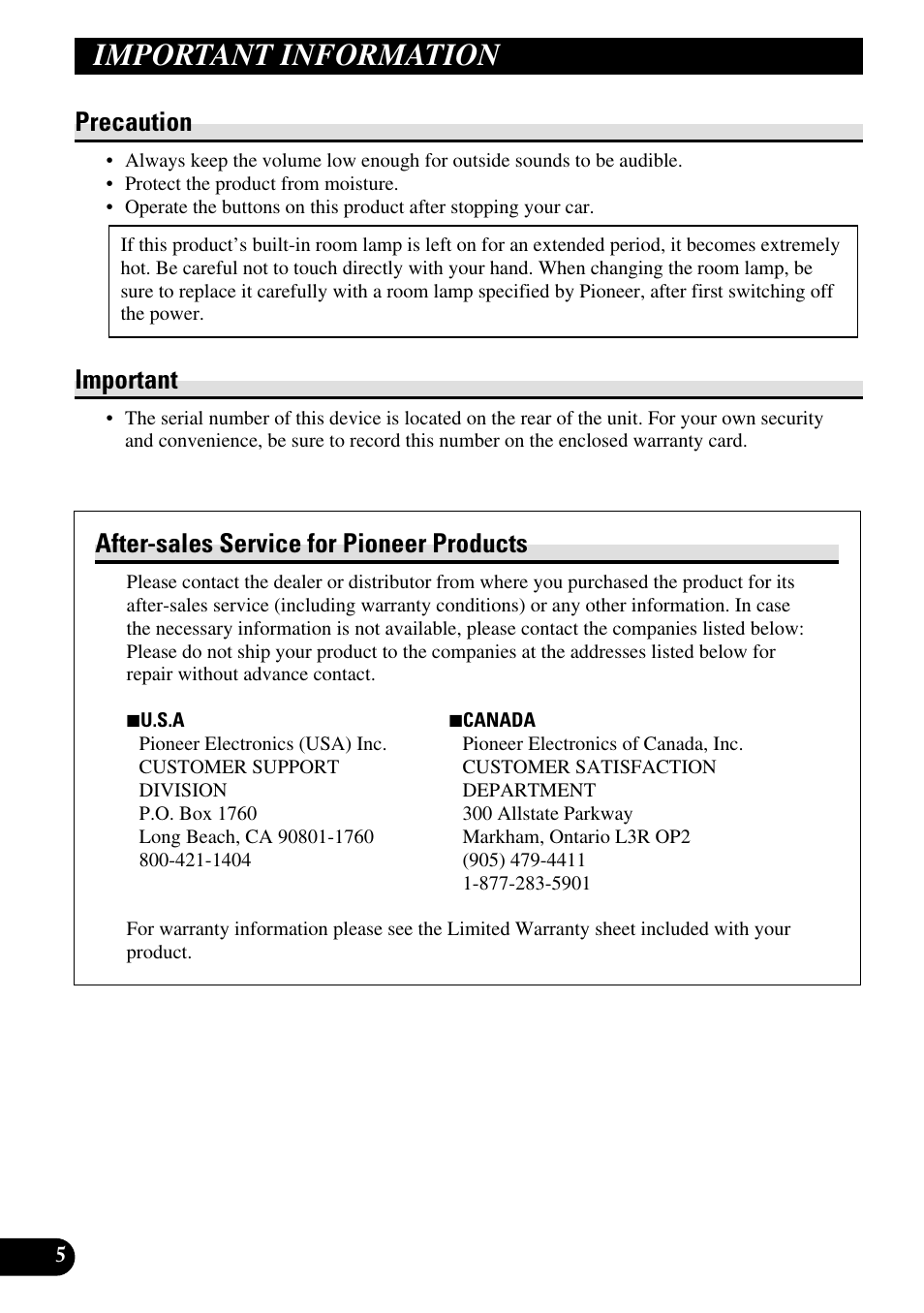 Important information, Precaution, Important | After-sales service for pioneer products | Pioneer AVR-W6100 User Manual | Page 6 / 112