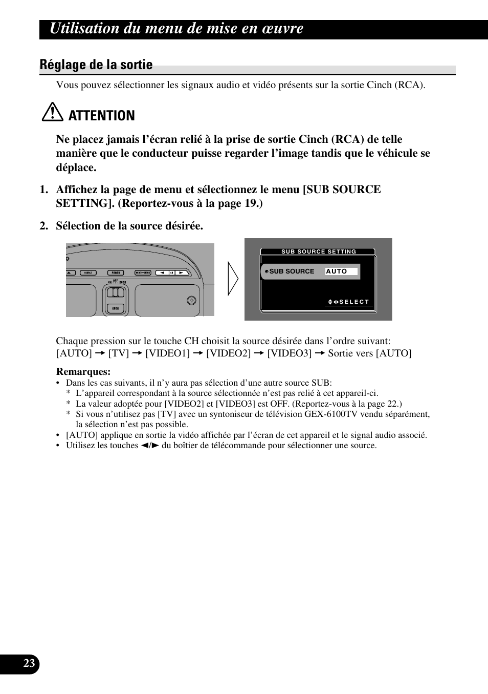 Réglage de la sortie, Utilisation du menu de mise en œuvre, Attention | Pioneer AVR-W6100 User Manual | Page 60 / 112