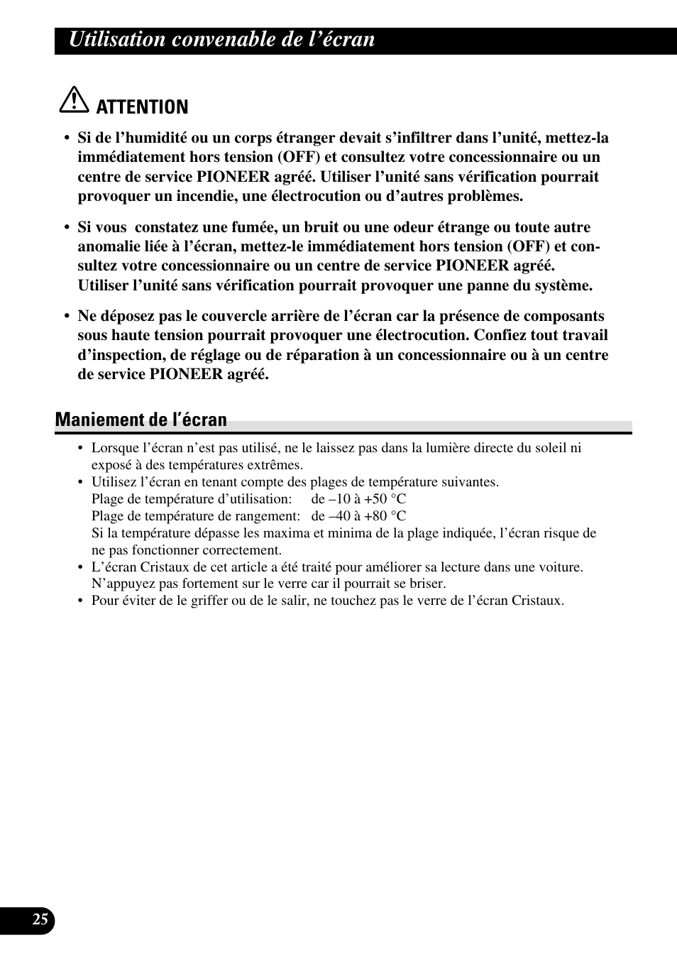 Utilisation convendable de l’ecram, Maniement de l’écran, Utilisation convenable de l’écran | Attention | Pioneer AVR-W6100 User Manual | Page 62 / 112