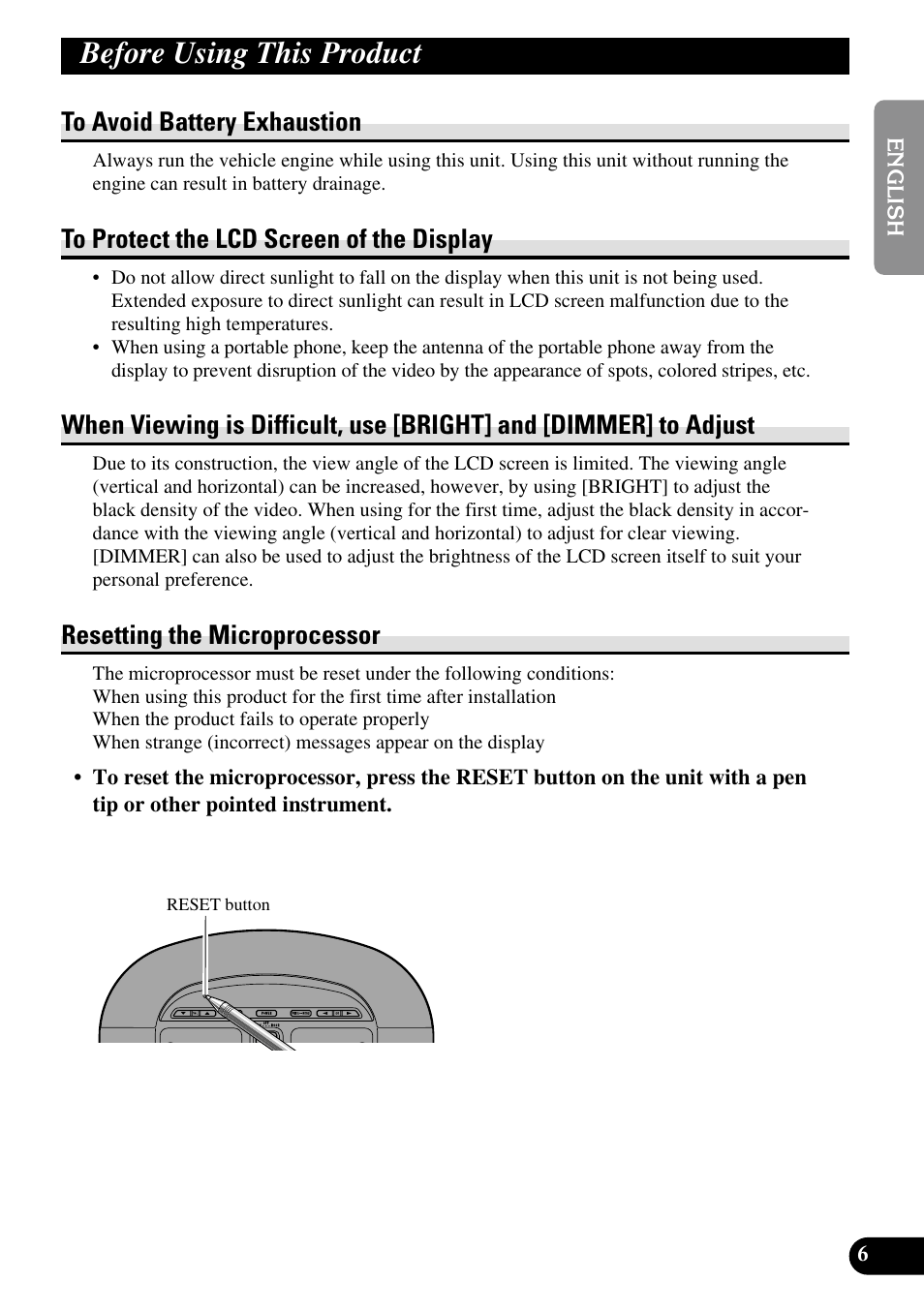 Before using this product, Dimmer] to adjust, Resetting the microprocessor | Pioneer AVR-W6100 User Manual | Page 7 / 112