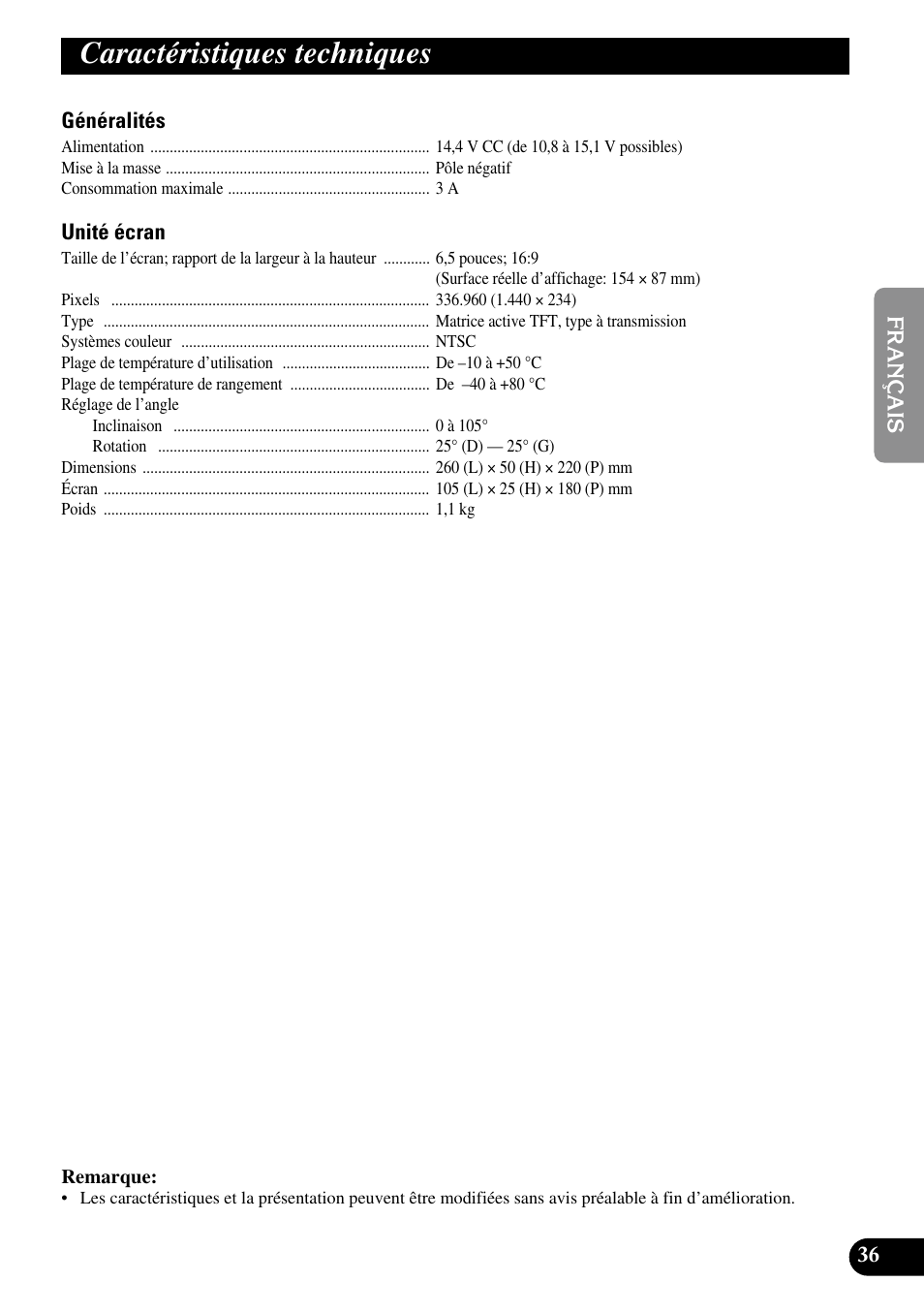 Caractéristiques techniques | Pioneer AVR-W6100 User Manual | Page 73 / 112