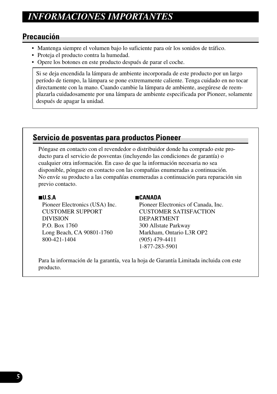 Informaciones importantes, Precaución, Servicio de posventas para productos pioneer | Pioneer AVR-W6100 User Manual | Page 78 / 112