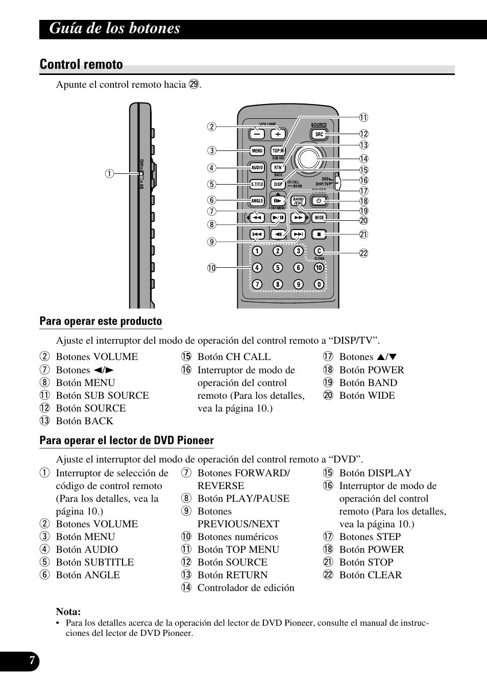 Guía de los botones, Control remoto, Para operar este producto | Para operar el lector de dvd pioneer | Pioneer AVR-W6100 User Manual | Page 80 / 112