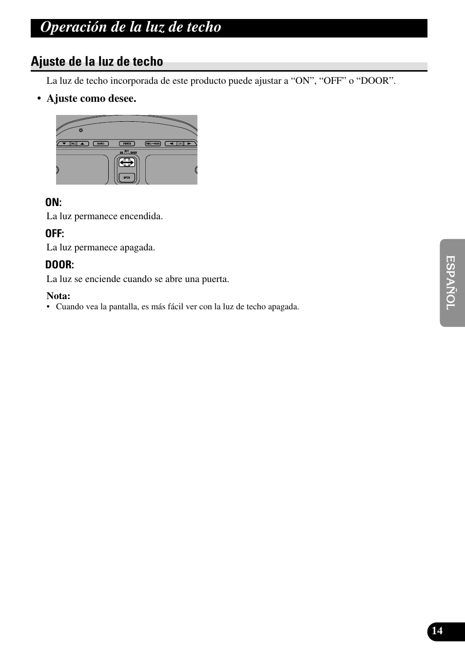 Operación de la luz de techo, Ajuste de la luz de techo | Pioneer AVR-W6100 User Manual | Page 87 / 112