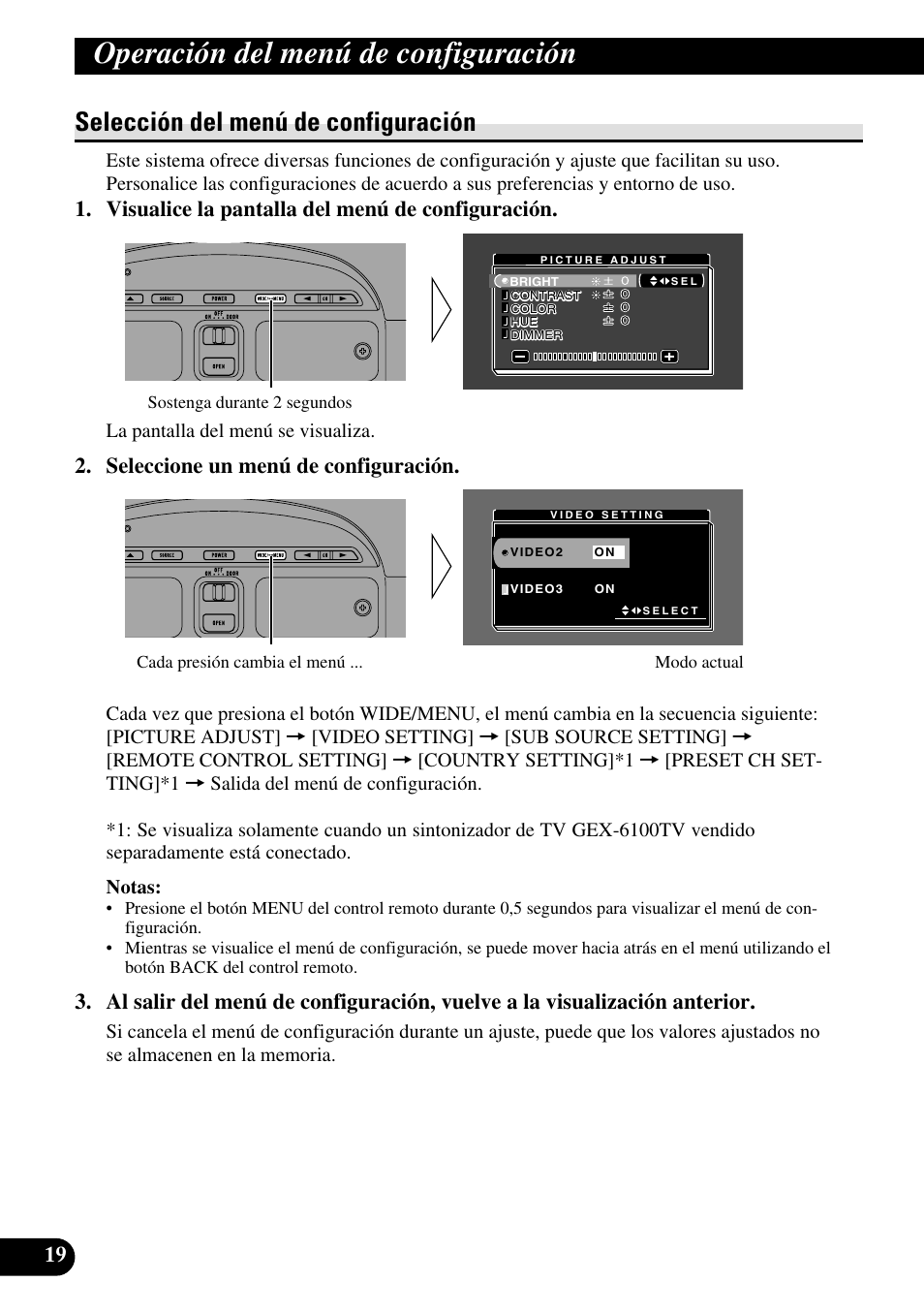 Operación del menú de, Configuración, Selección del menú de configuración | Operación del menú de configuración, Visualice la pantalla del menú de configuración, Seleccione un menú de configuración | Pioneer AVR-W6100 User Manual | Page 92 / 112