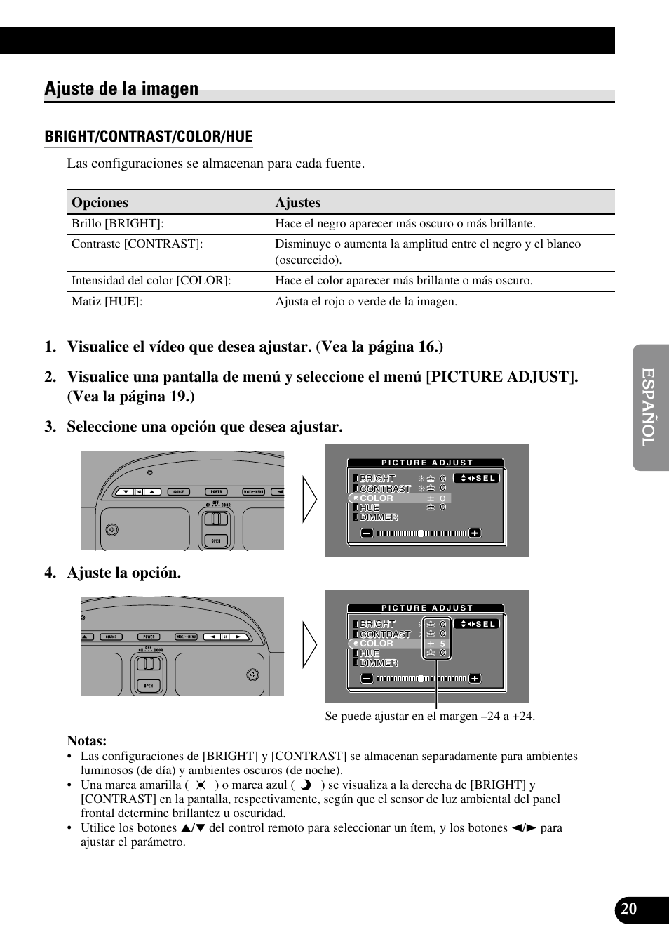 Ajuste de la imagen, Bright/contrast/color/hue, Dimmer (regulador de la intensidad luminosa) | Pioneer AVR-W6100 User Manual | Page 93 / 112