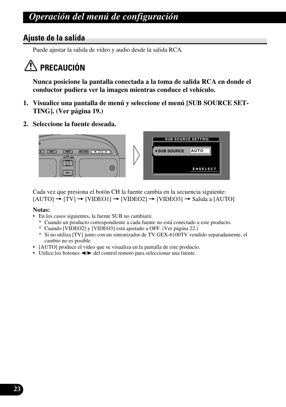 Ajuste de la salida, Operación del menú de configuración, Precaución | Pioneer AVR-W6100 User Manual | Page 96 / 112