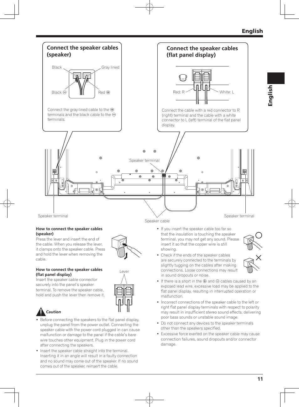 English, Connect the speaker cables (flat panel display), Connect the speaker cables (speaker) | Pioneer KURO KRP-S02 User Manual | Page 11 / 56