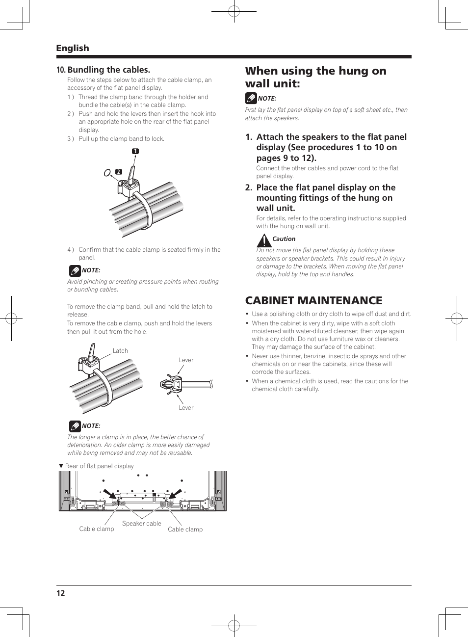 When using the hung on wall unit, Cabinet maintenance, English | Bundling the cables | Pioneer KURO KRP-S02 User Manual | Page 12 / 56