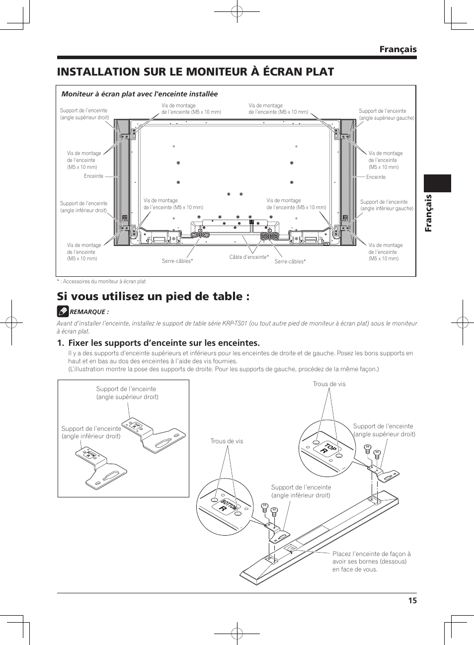 Installation sur le moniteur à écran plat, Si vous utilisez un pied de table, Français | Fixer les supports d’enceinte sur les enceintes | Pioneer KURO KRP-S02 User Manual | Page 15 / 56