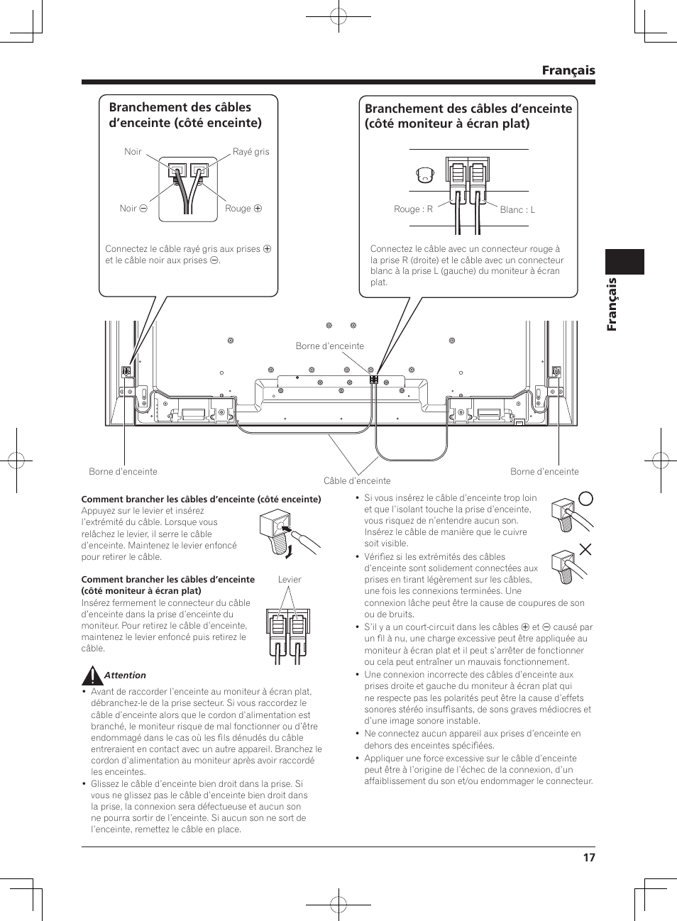 Français, Branchement des câbles d’enceinte (côté enceinte) | Pioneer KURO KRP-S02 User Manual | Page 17 / 56