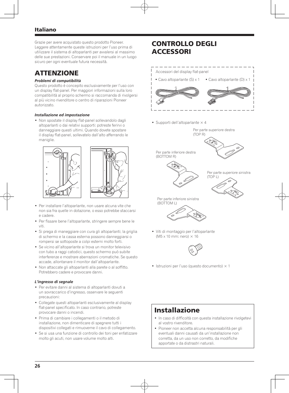 Attenzione, Controllo degli accessori, Installazione | Italiano | Pioneer KURO KRP-S02 User Manual | Page 26 / 56