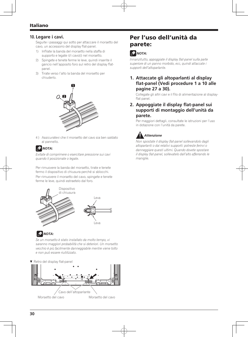 Per l’uso dell’unità da parete, Italiano, Legare i cavi | Pioneer KURO KRP-S02 User Manual | Page 30 / 56