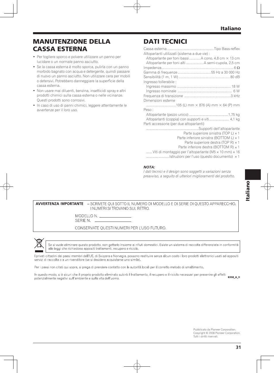 Dati tecnici, Manutenzione della cassa esterna, Italiano | Pioneer KURO KRP-S02 User Manual | Page 31 / 56
