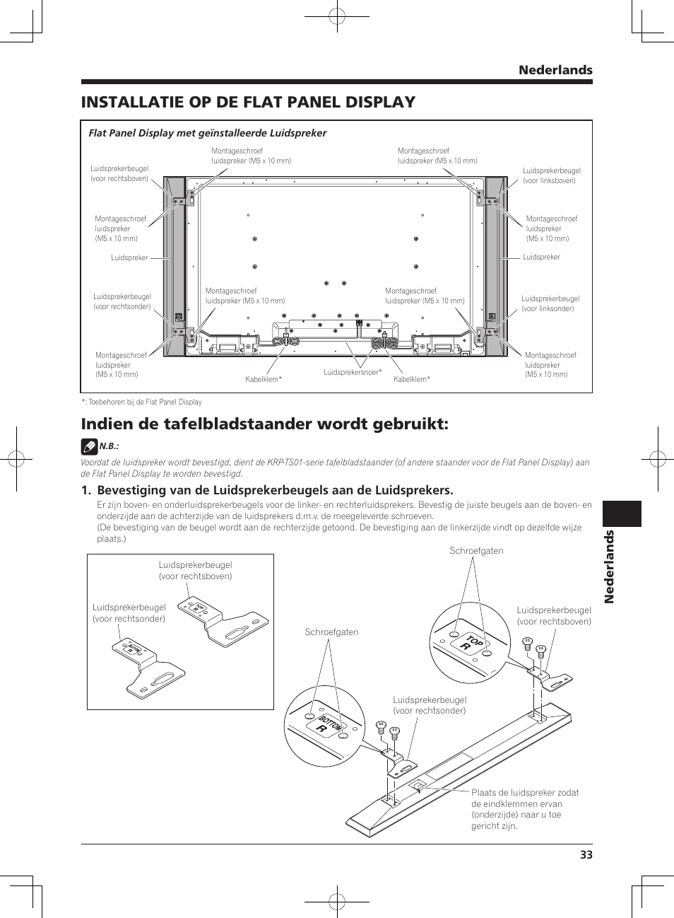 Installatie op de flat panel display, Indien de tafelbladstaander wordt gebruikt, Nederlands | Pioneer KURO KRP-S02 User Manual | Page 33 / 56