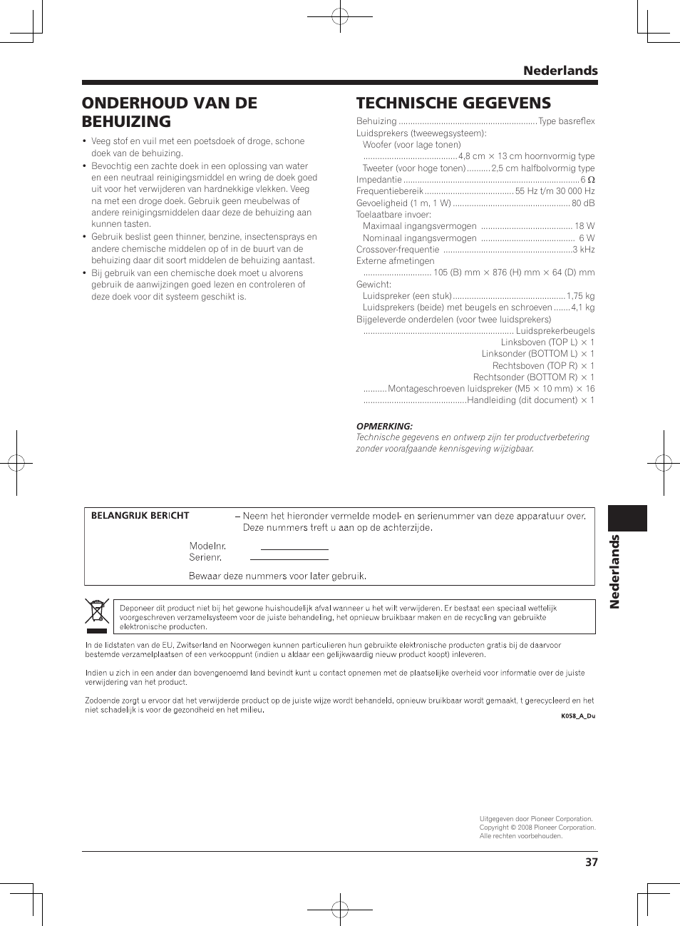 Technische gegevens, Onderhoud van de behuizing, Nederlands | Pioneer KURO KRP-S02 User Manual | Page 37 / 56