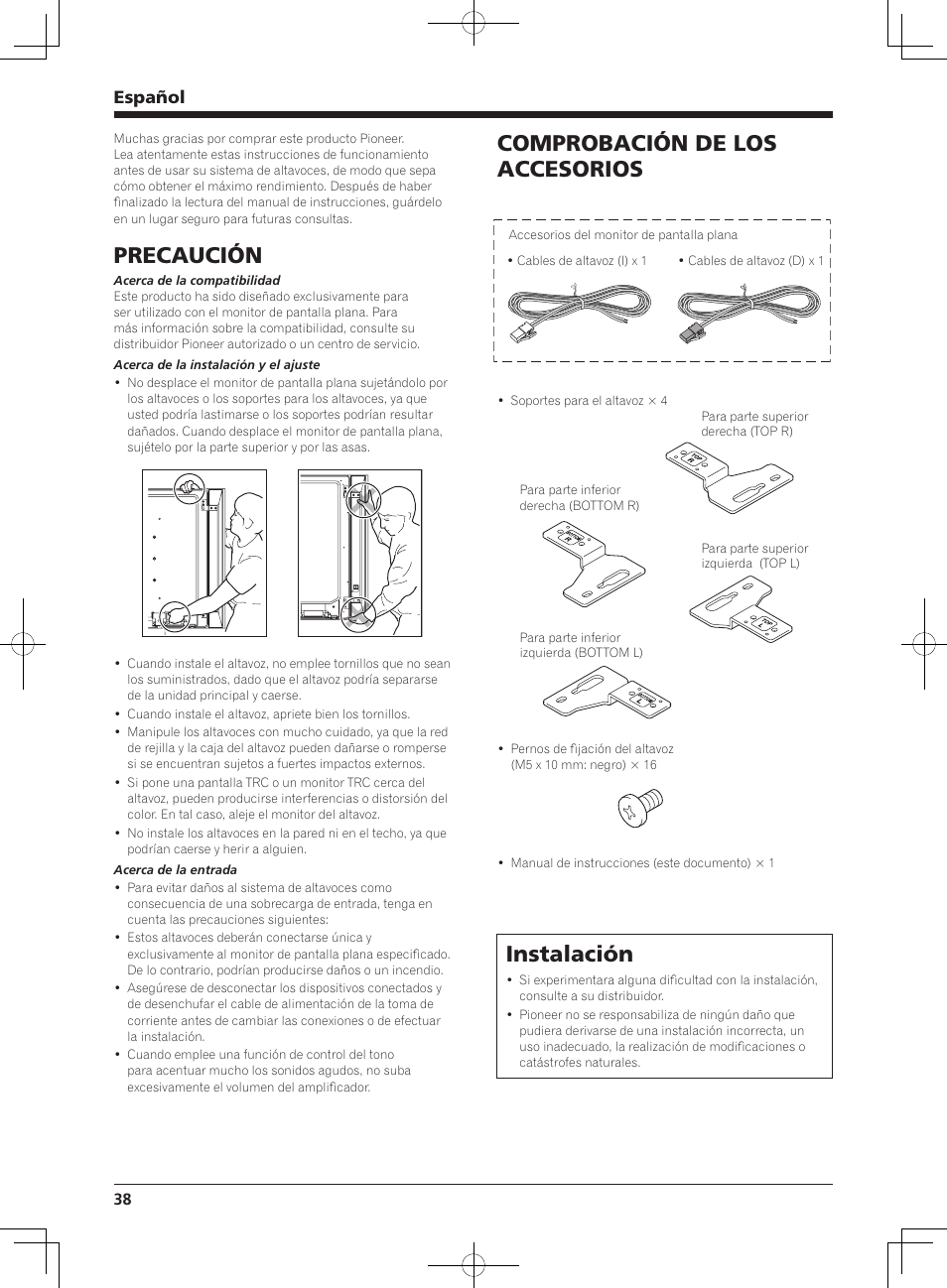 Precaución, Comprobación de los accesorios, Instalación | Español | Pioneer KURO KRP-S02 User Manual | Page 38 / 56