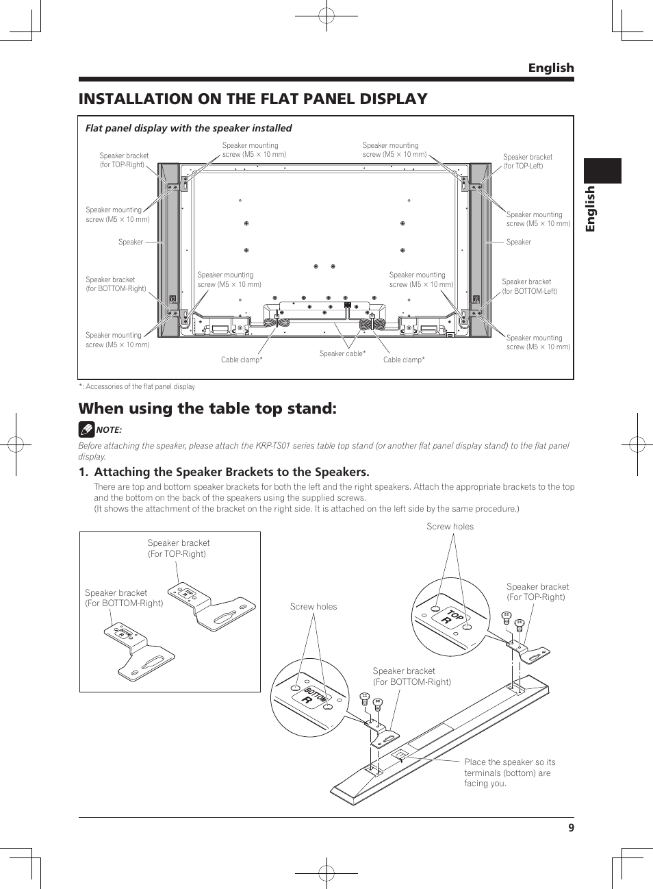 Installation on the flat panel display, When using the table top stand, English | Attaching the speaker brackets to the speakers | Pioneer KURO KRP-S02 User Manual | Page 9 / 56