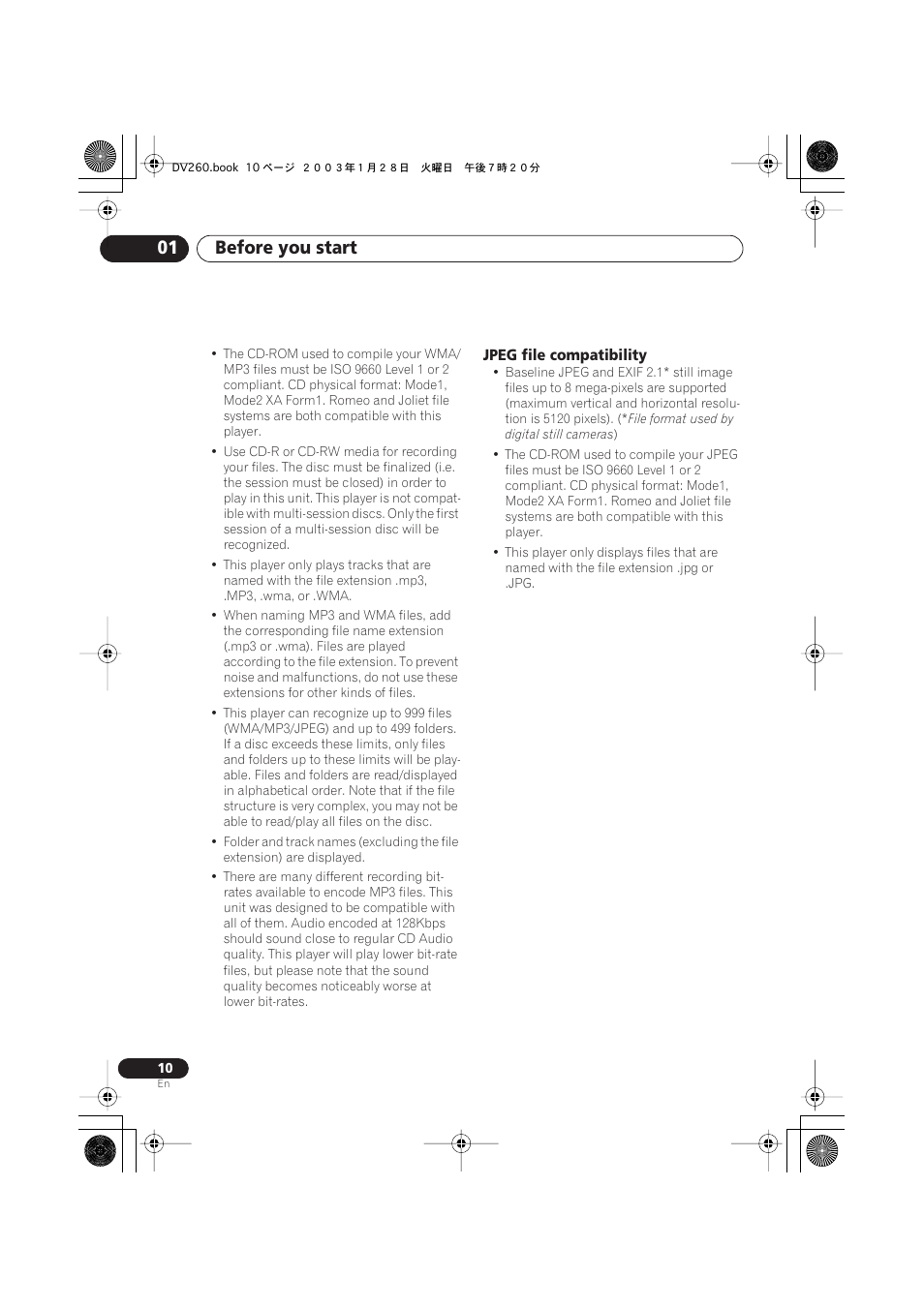 Jpeg file compatibility, Before you start 01 | Pioneer DV-466-S User Manual | Page 10 / 72