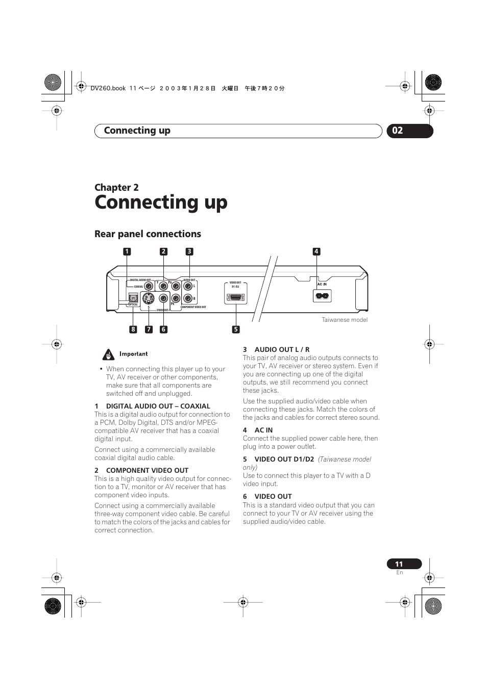 02 connecting up, Rear panel connections, Connecting up | Connecting up 02, Chapter 2 | Pioneer DV-466-S User Manual | Page 11 / 72