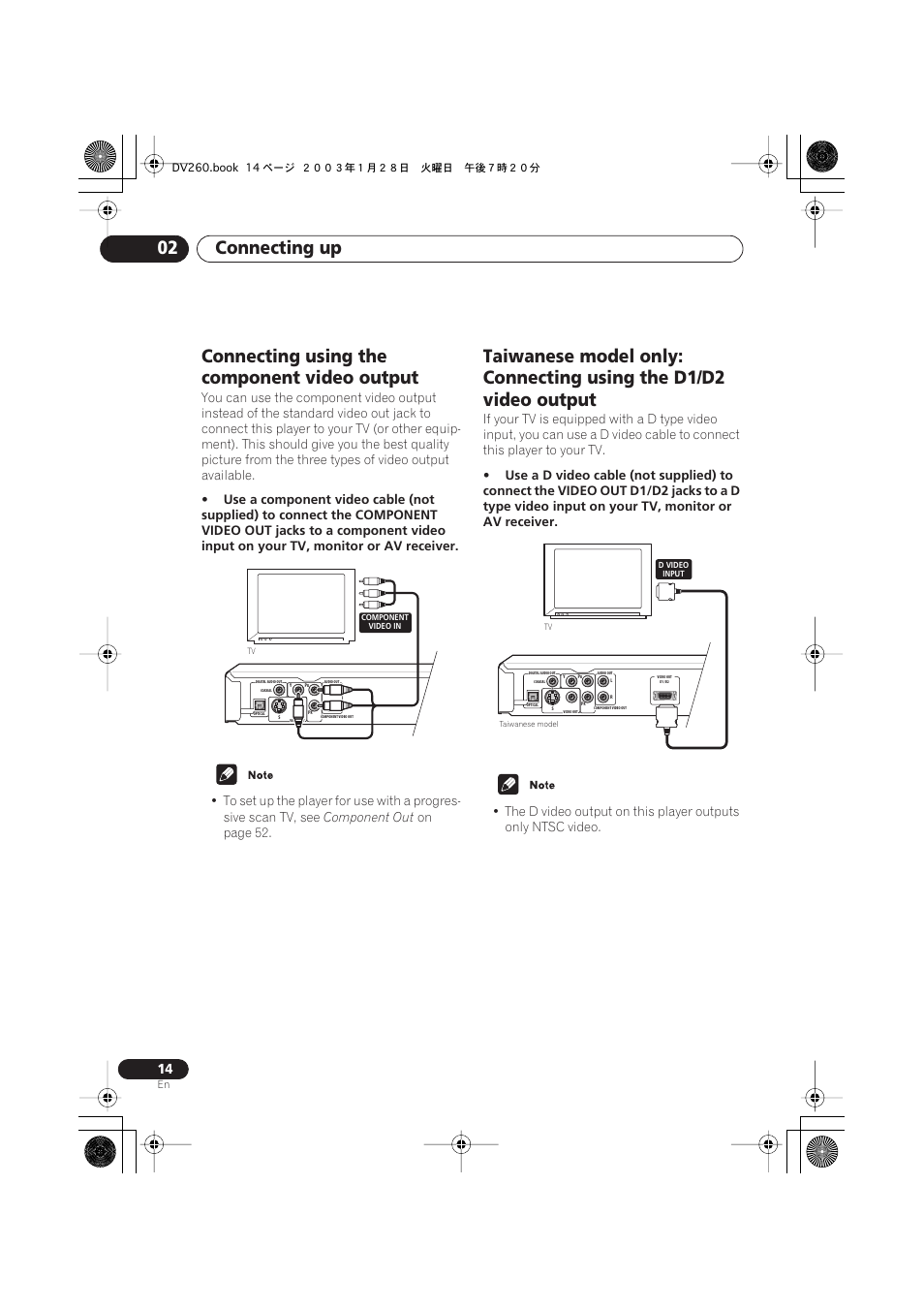 Connecting using the component video output, Connecting up 02, Component out | On page 52 | Pioneer DV-466-S User Manual | Page 14 / 72