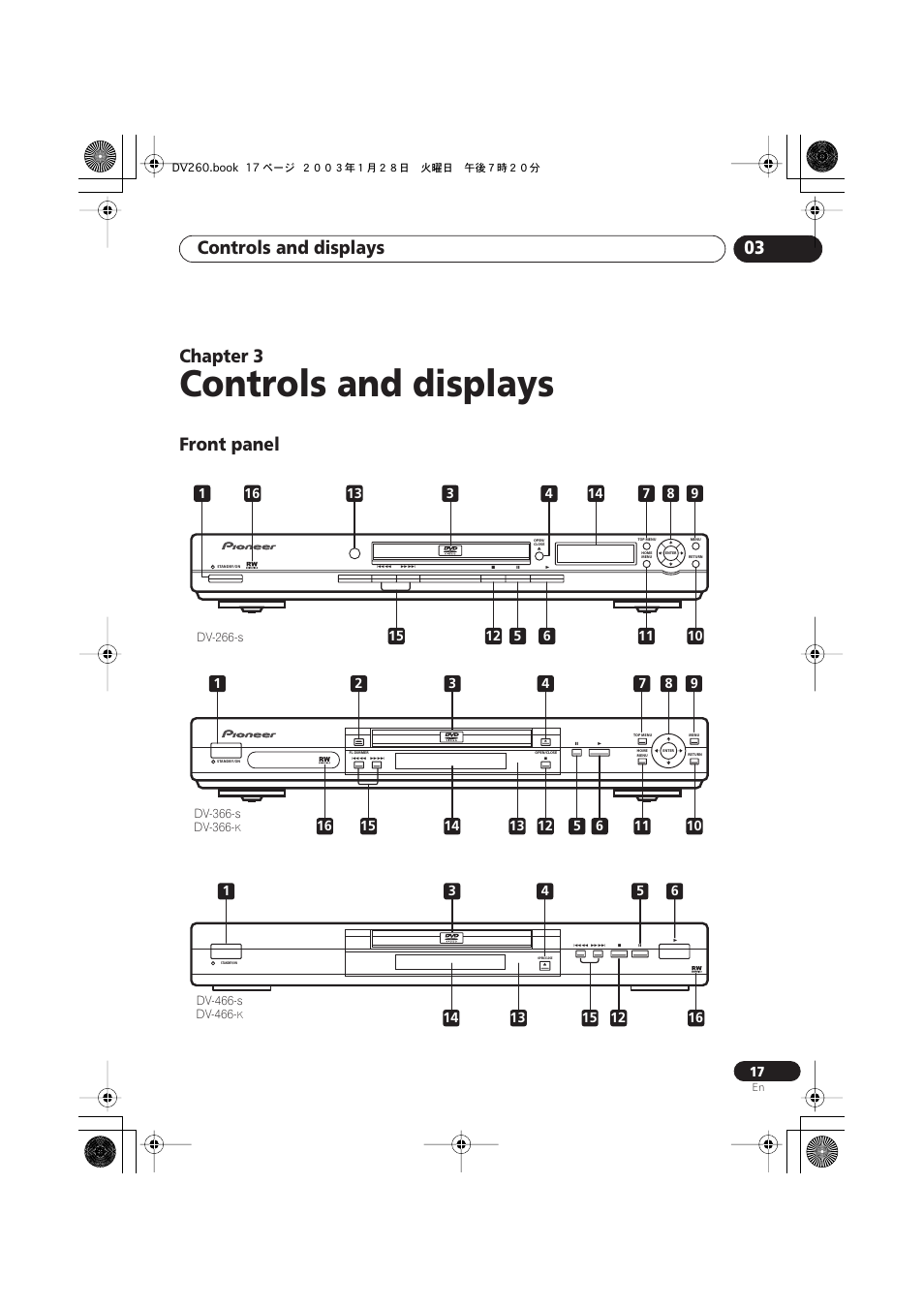 Front panel, Controls and displays, Controls and displays 03 | Chapter 3 | Pioneer DV-466-S User Manual | Page 17 / 72