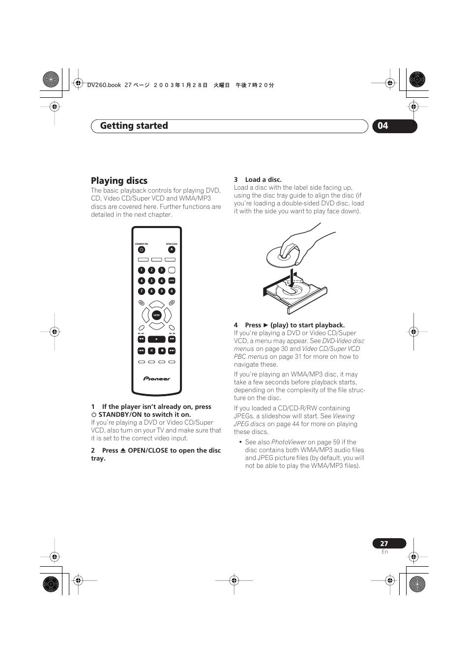 Playing discs, Getting started 04 | Pioneer DV-466-S User Manual | Page 27 / 72