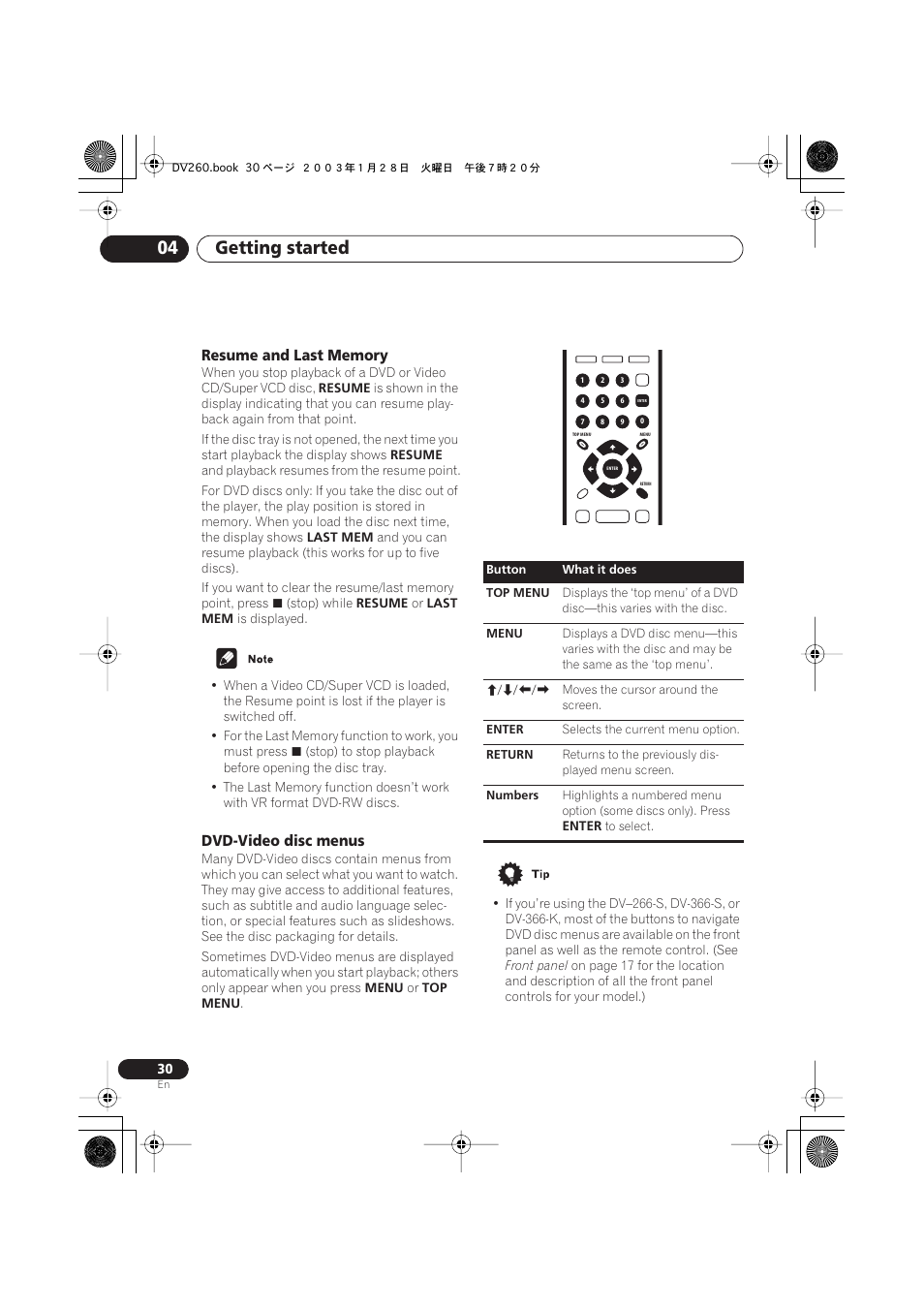 Resume and last memory, Dvd-video disc menus, Getting started 04 | Pioneer DV-466-S User Manual | Page 30 / 72