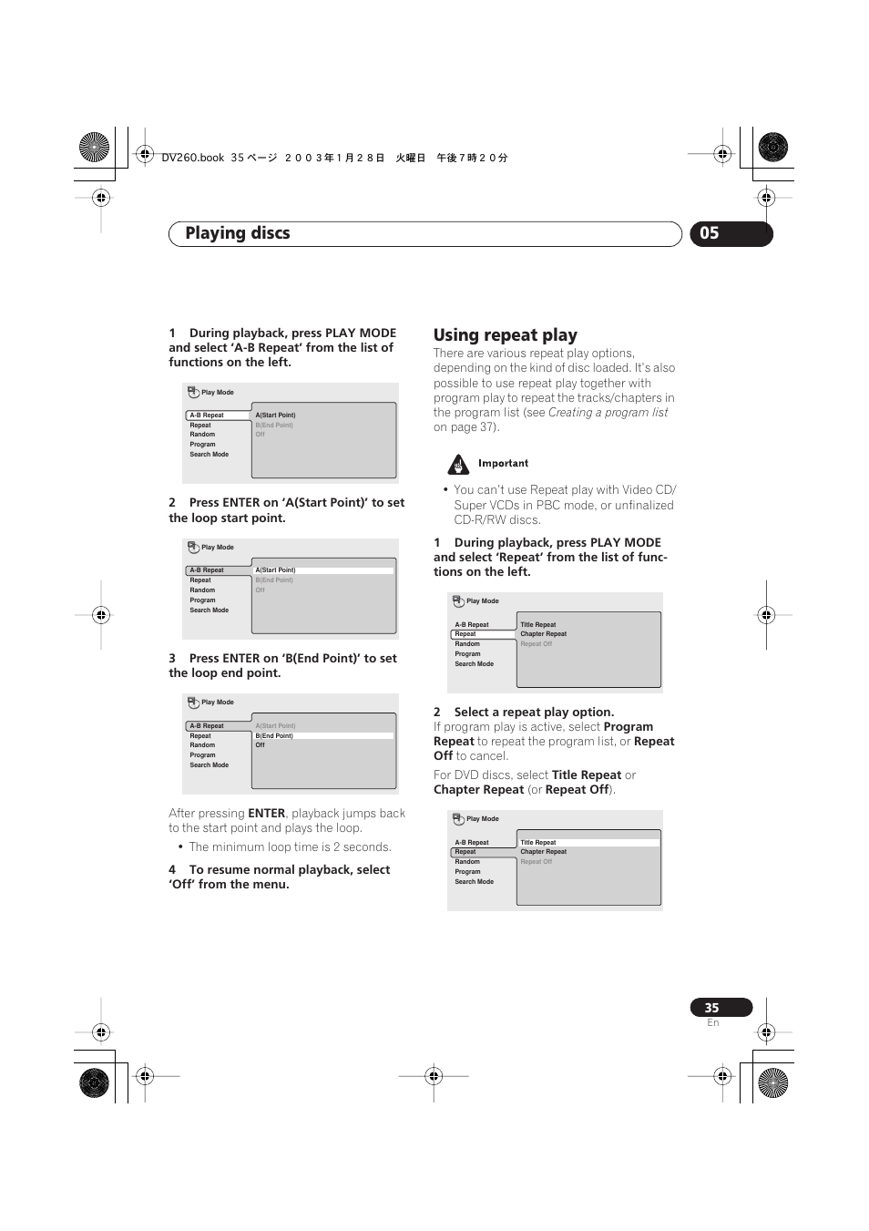 Using repeat play, Playing discs 05 | Pioneer DV-466-S User Manual | Page 35 / 72