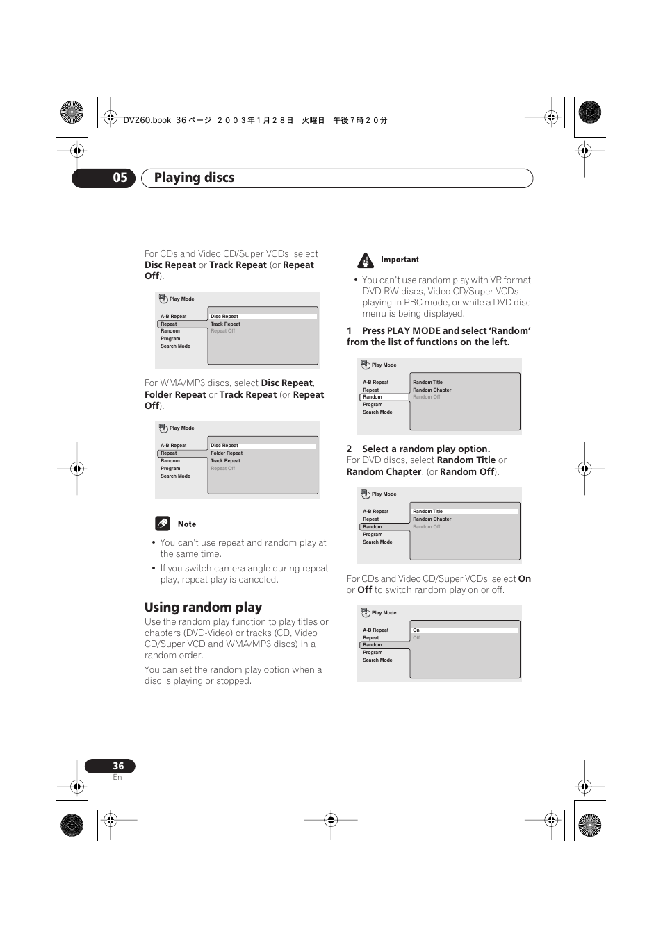 Using random play, Playing discs 05 | Pioneer DV-466-S User Manual | Page 36 / 72