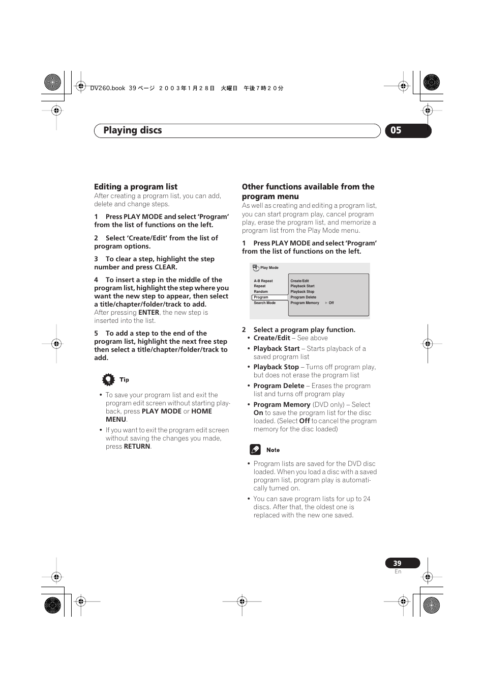 Editing a program list, Other functions available from the program menu, Playing discs 05 | Pioneer DV-466-S User Manual | Page 39 / 72
