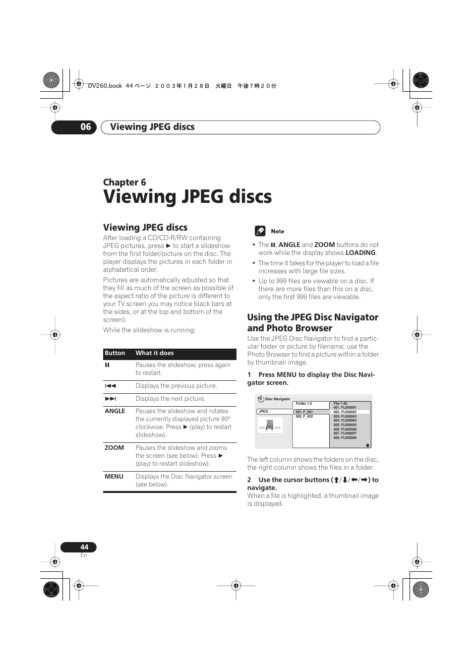 06 viewing jpeg discs, Viewing jpeg discs, Using the jpeg disc navigator and photo browser | Viewing jpeg discs 06, Chapter 6 | Pioneer DV-466-S User Manual | Page 44 / 72