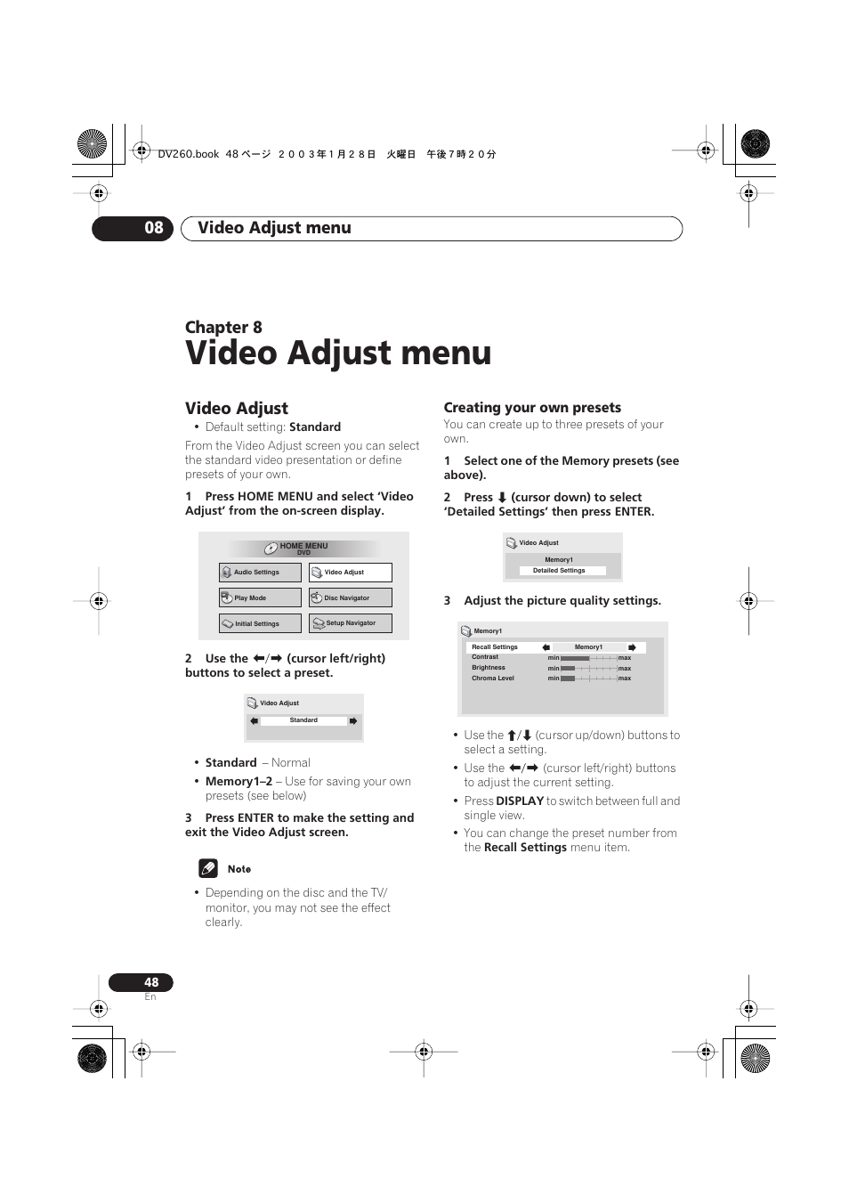 08 video adjust menu, Video adjust, Creating your own presets | Video adjust menu, Video adjust menu 08, Chapter 8 | Pioneer DV-466-S User Manual | Page 48 / 72