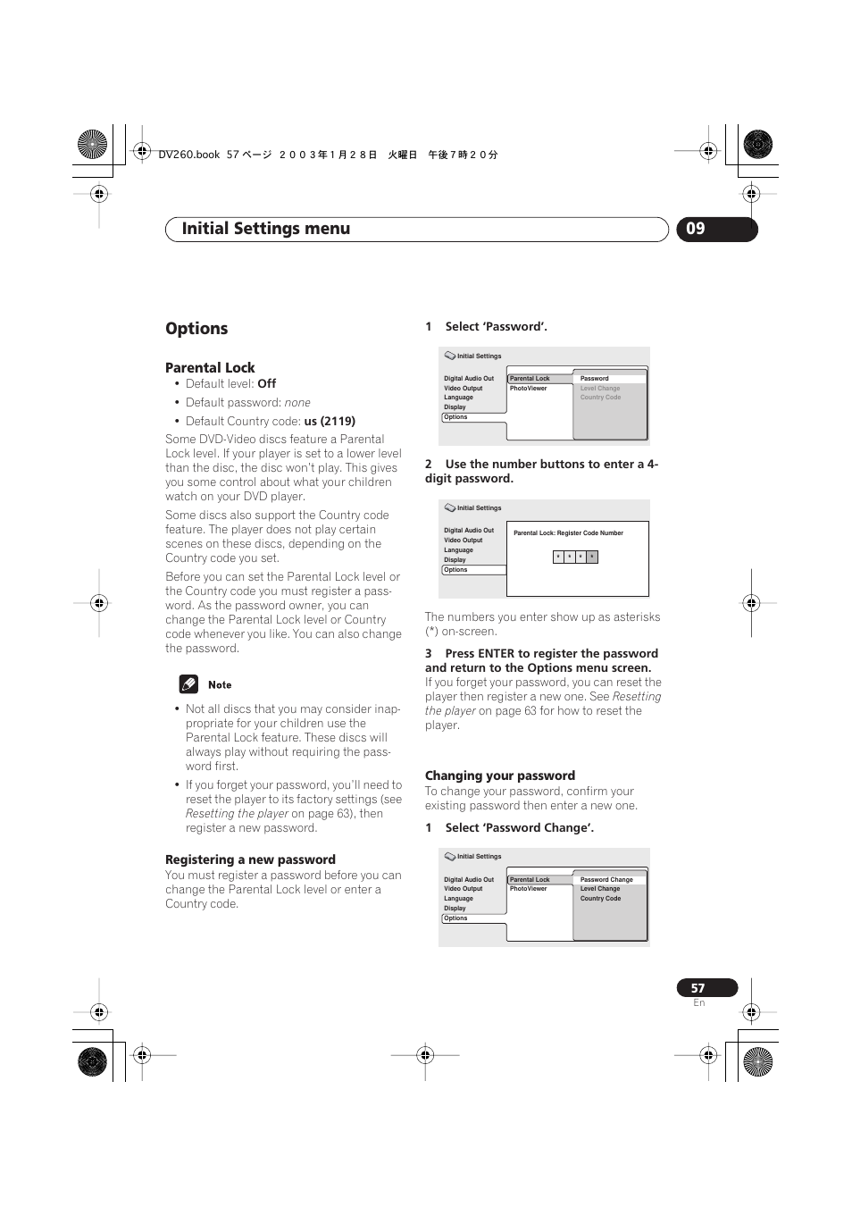 Options, Parental lock, Initial settings menu 09 | Pioneer DV-466-S User Manual | Page 57 / 72