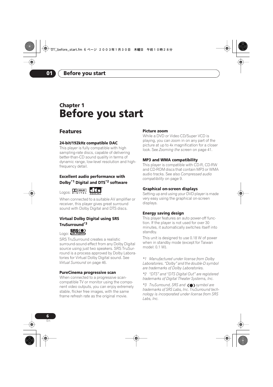 01 before you start, Features, Before you start | Before you start 01, Chapter 1 | Pioneer DV-466-S User Manual | Page 6 / 72