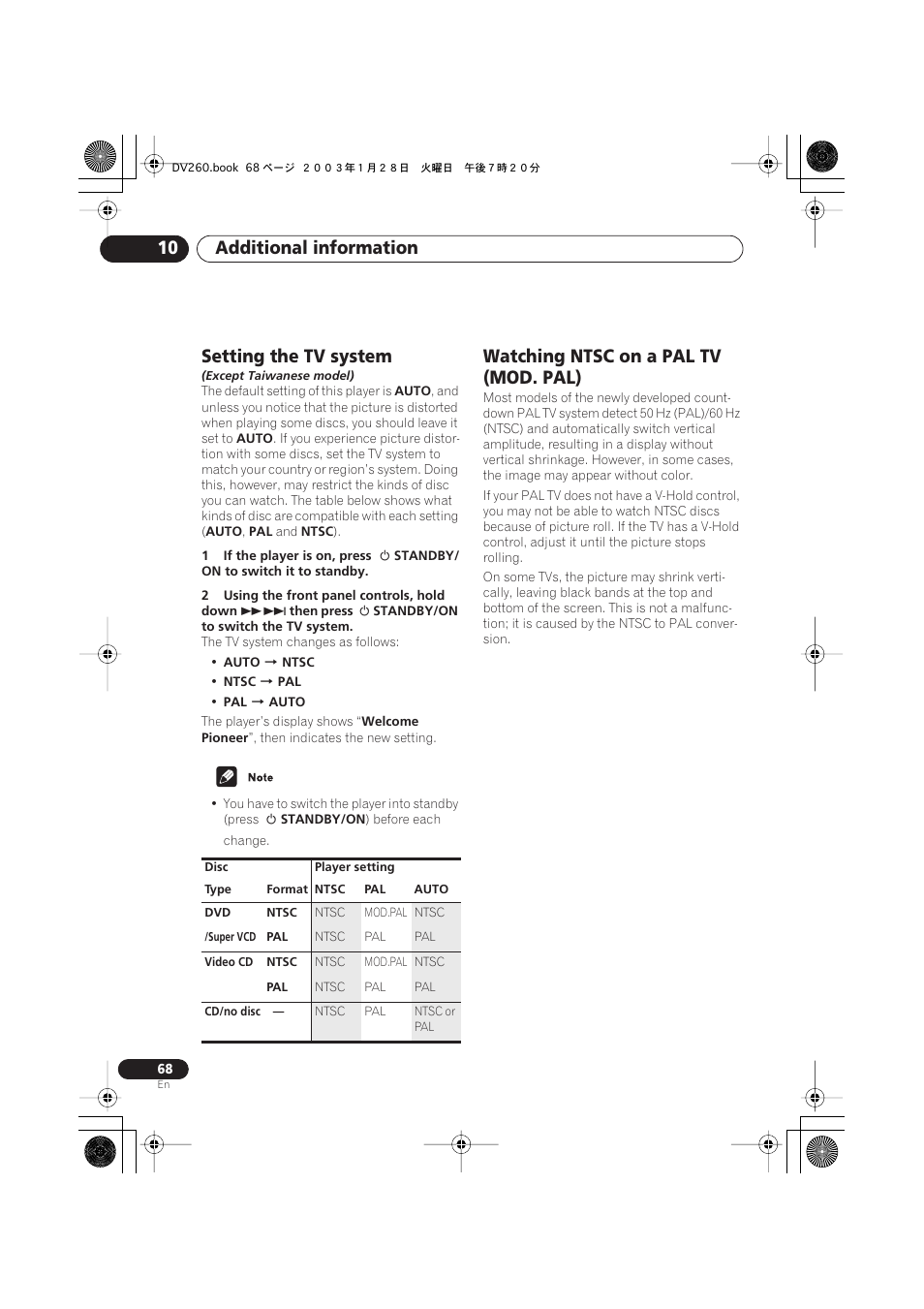 Setting the tv system, Watching ntsc on a pal tv (mod. pal), Additional information 10 | Pioneer DV-466-S User Manual | Page 68 / 72