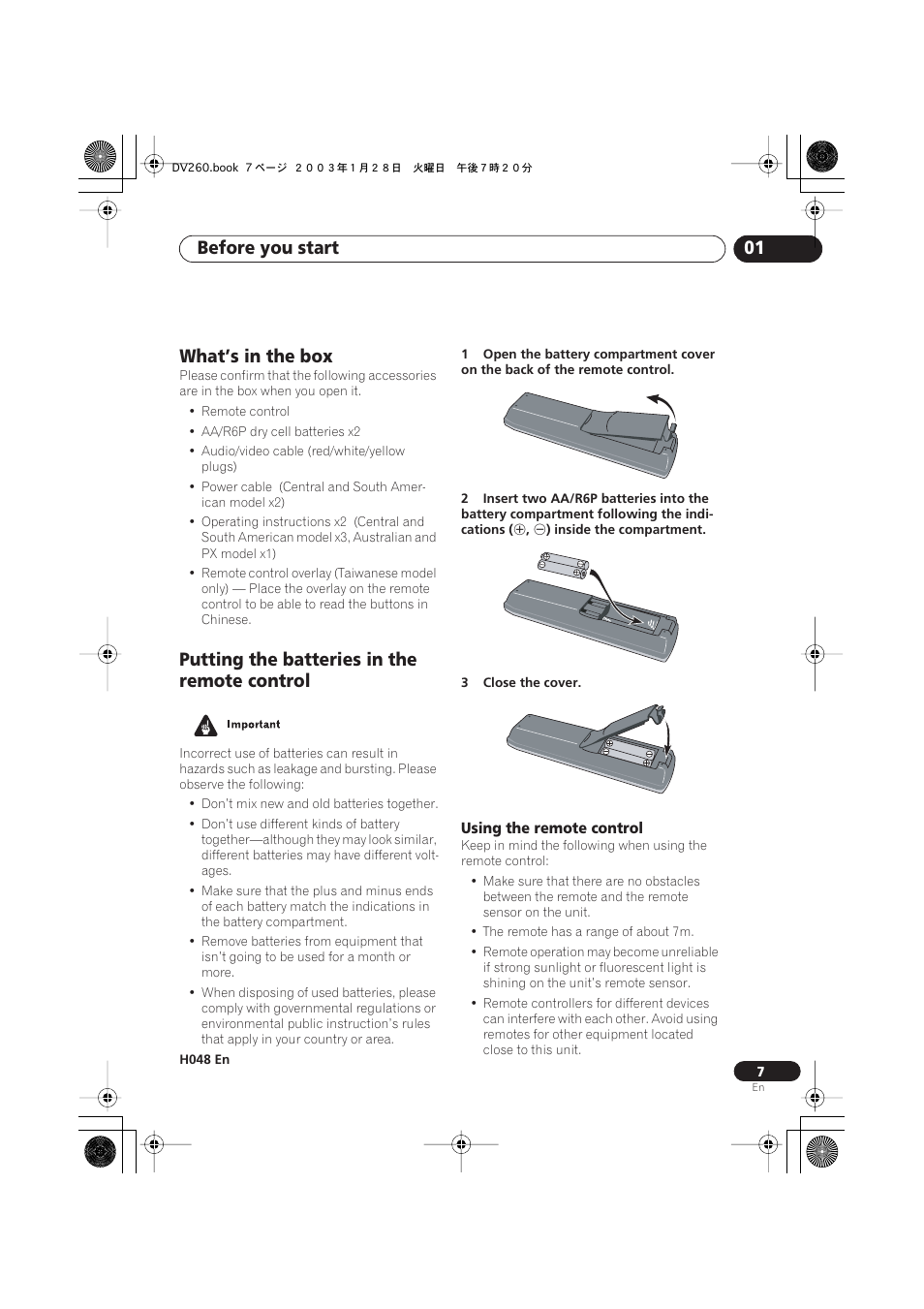 What’s in the box, Putting the batteries in the remote control, Using the remote control | Before you start 01 | Pioneer DV-466-S User Manual | Page 7 / 72