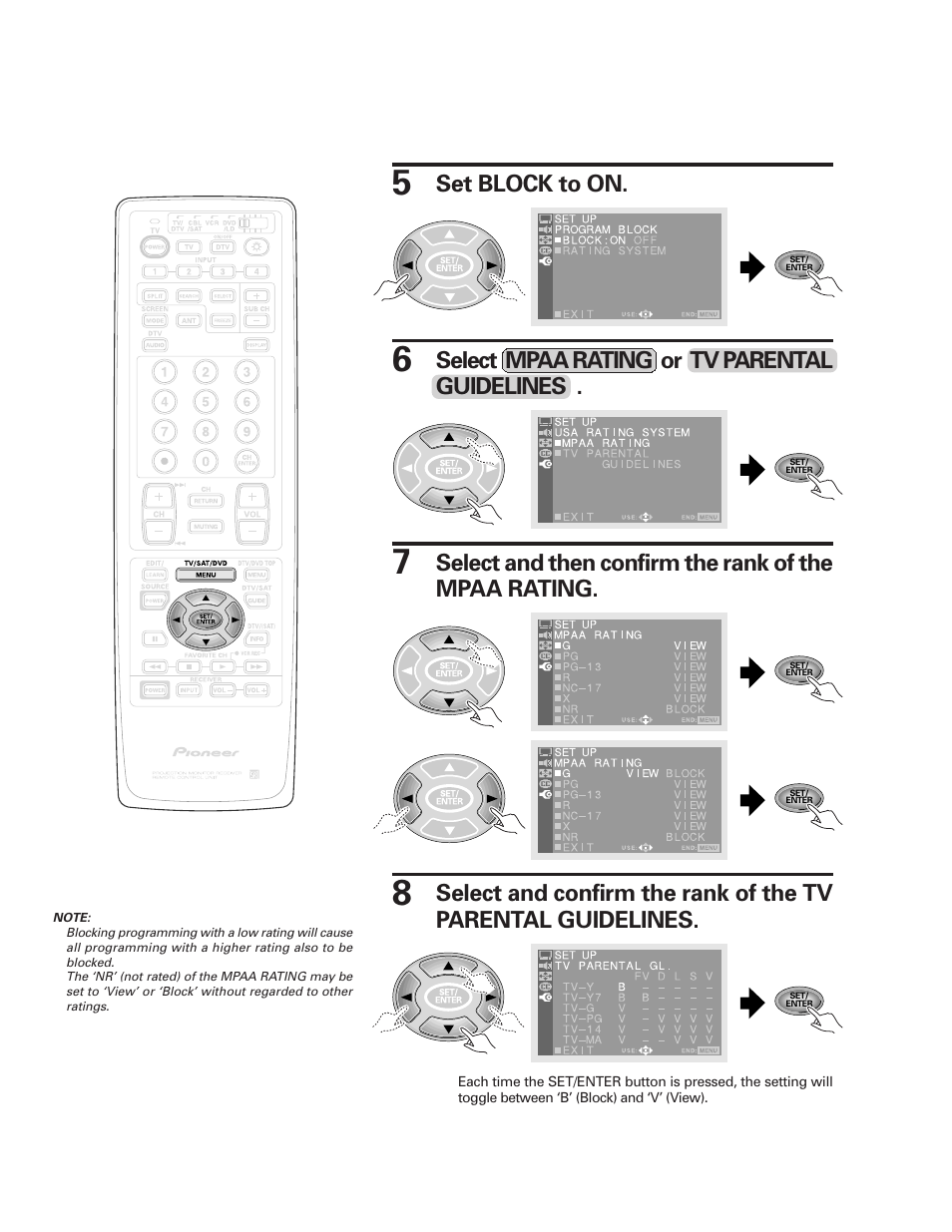 Set block to on, Select mpaa rating or tv parental guidelines | Pioneer PRO-610HD User Manual | Page 66 / 83