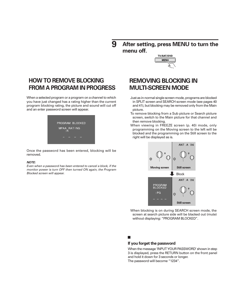 How to remove blocking from a program in progress, Removing blocking in multi-screen mode, After setting, press menu to turn the menu off | Pioneer PRO-610HD User Manual | Page 67 / 83