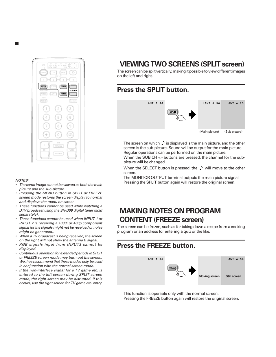 Viewing two screens (split screen), Press the split button, Press the freeze button | Multi-screen function | Pioneer PRO-610HD User Manual | Page 68 / 83