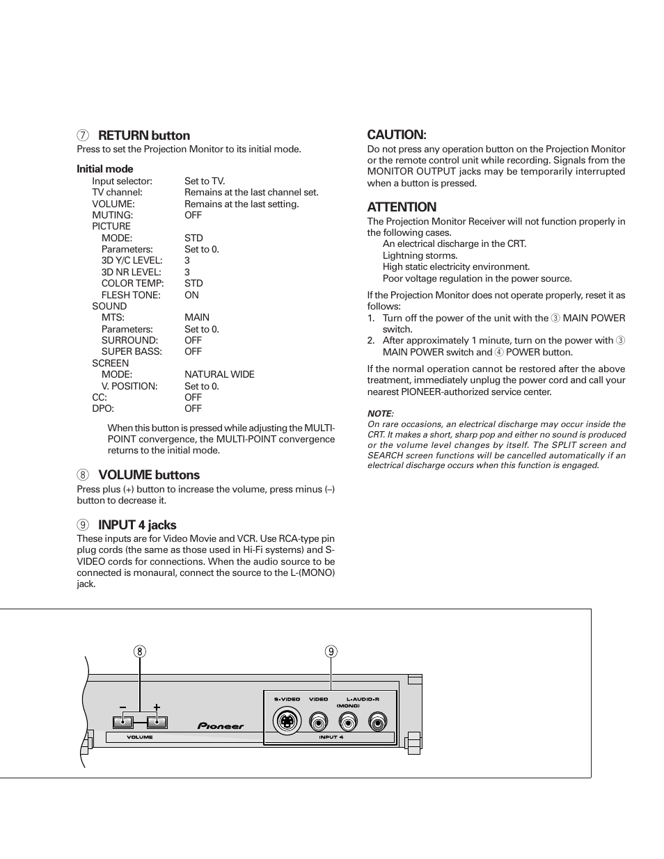 7 return button, 8 volume buttons, 9 input 4 jacks | Caution, Attention | Pioneer PRO-610HD User Manual | Page 79 / 83