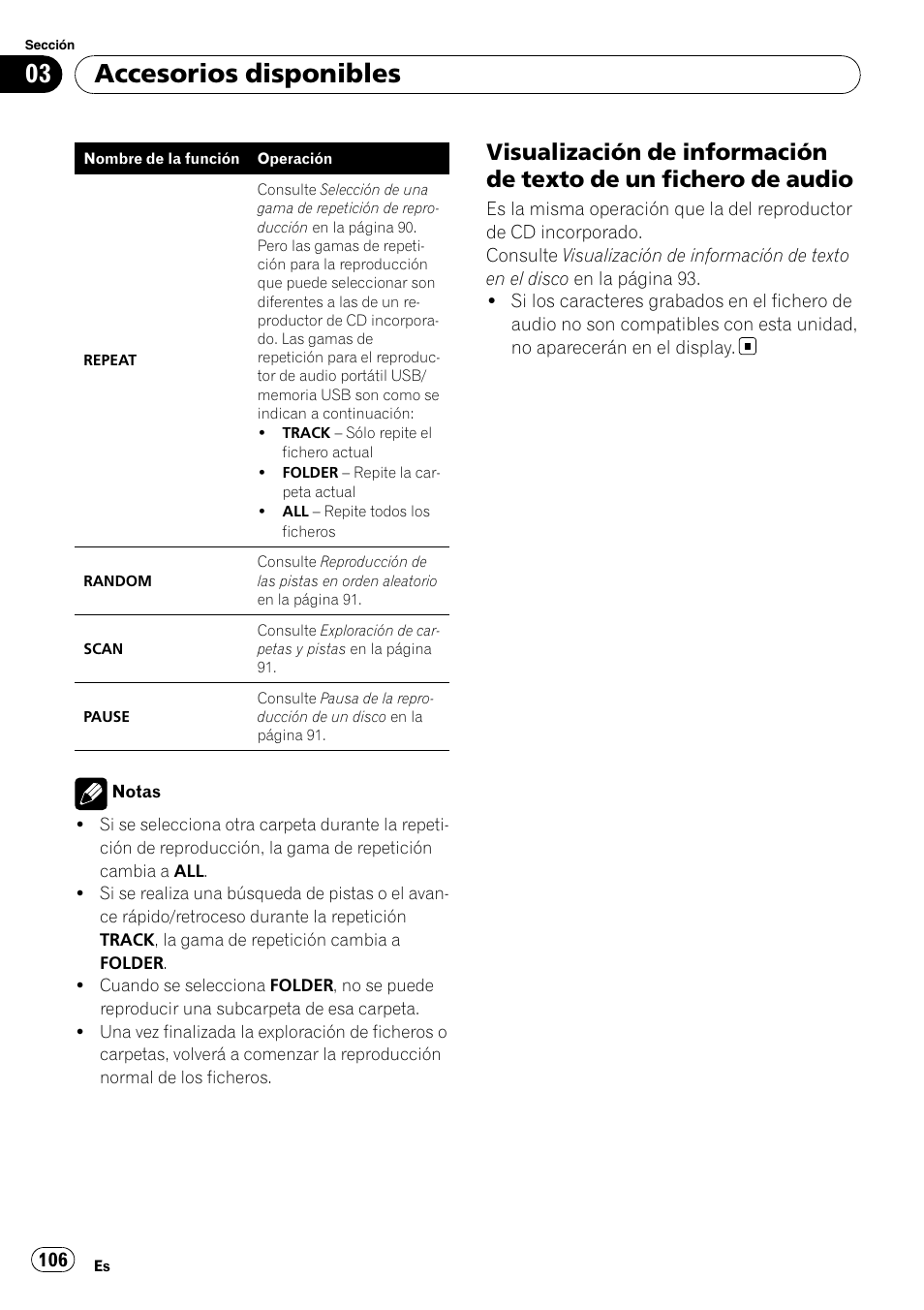 Visualización de información de texto, De un fichero de audio, Accesorios disponibles | Pioneer SRC7127-B/N User Manual | Page 106 / 118