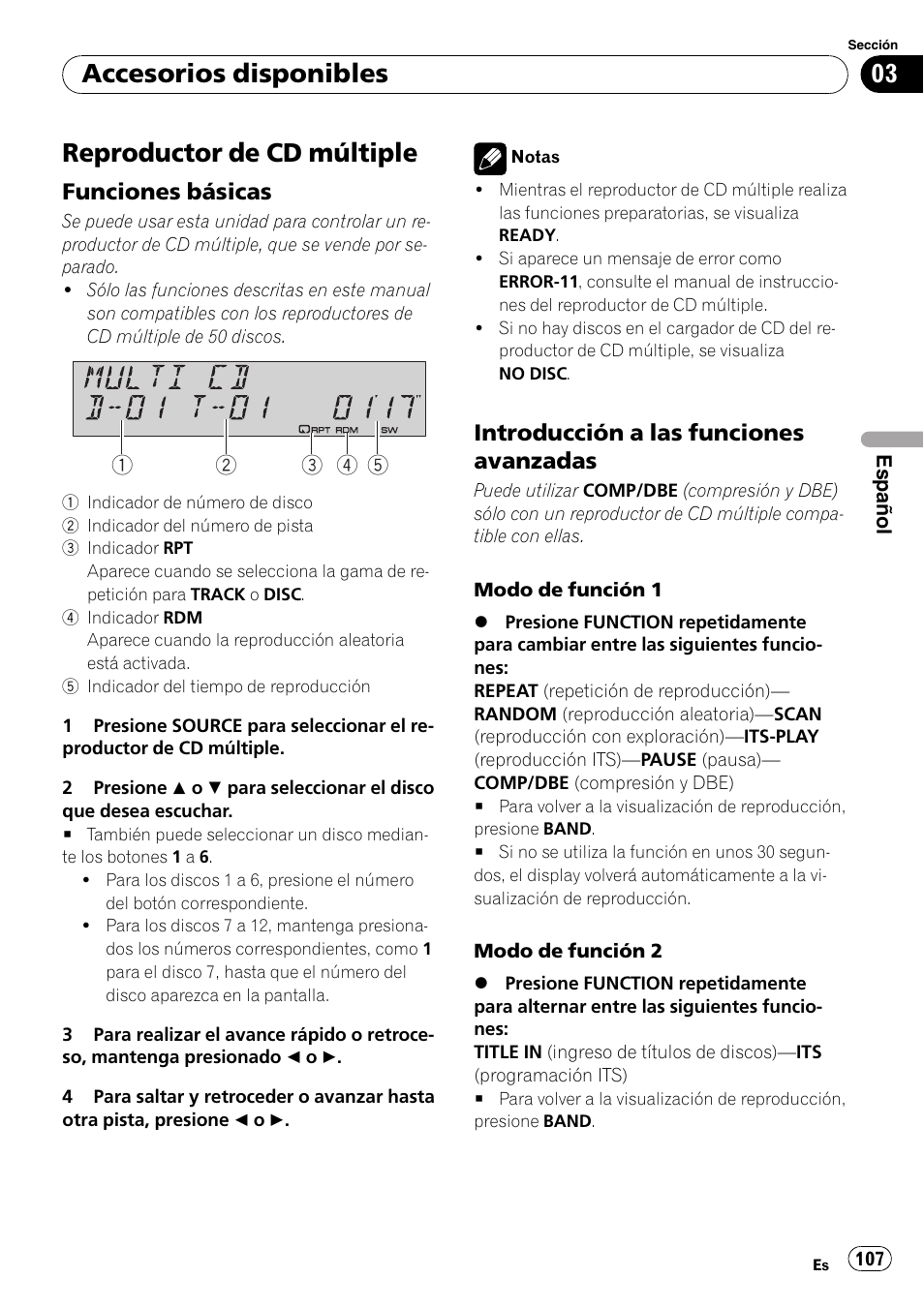 Reproductor de cd múltiple, Funciones básicas 107, Introducción a las funciones | Avanzadas, Accesorios disponibles, Funciones básicas, Introducción a las funciones avanzadas | Pioneer SRC7127-B/N User Manual | Page 107 / 118