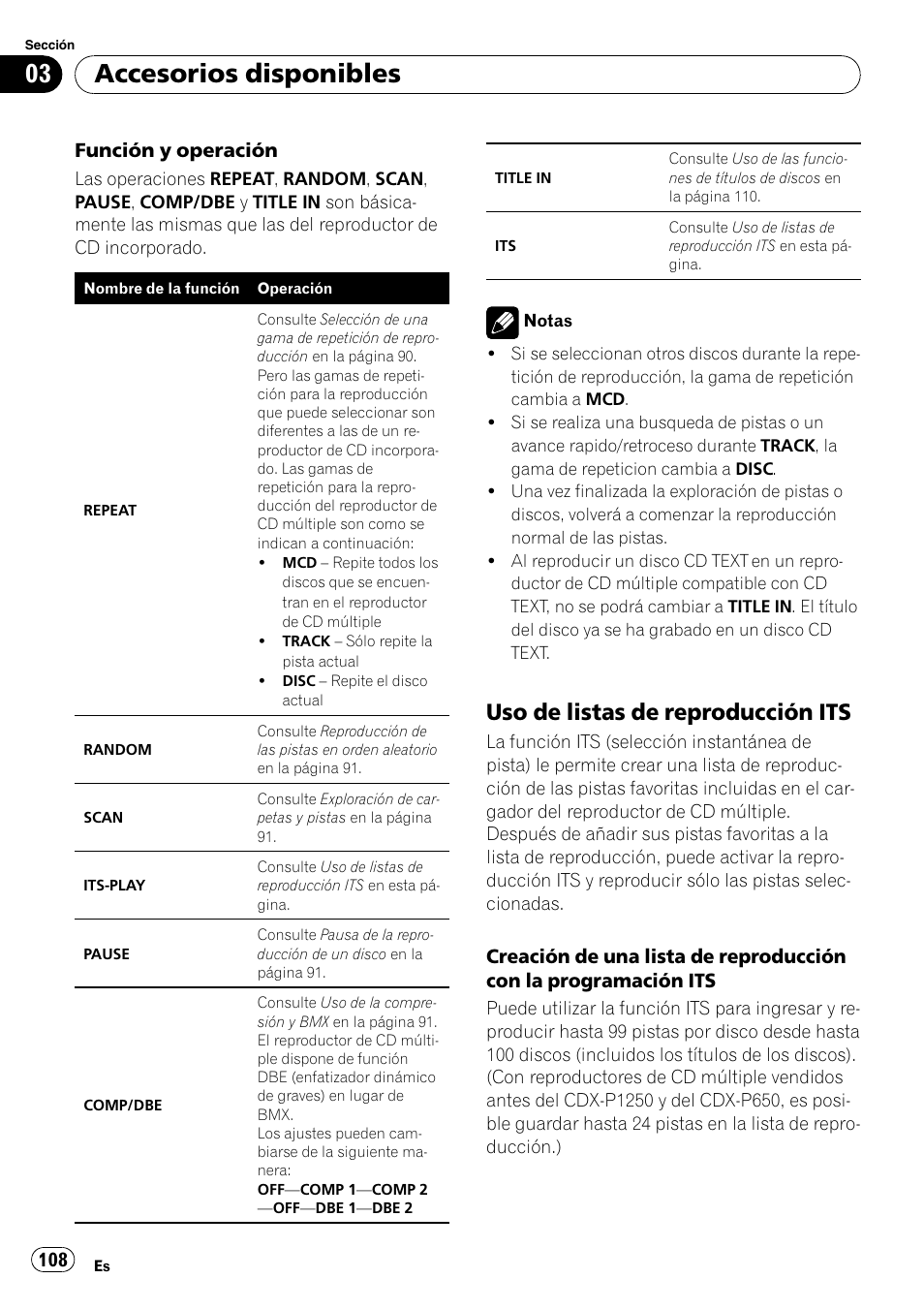 Uso de listas de reproducción its 108, Accesorios disponibles, Uso de listas de reproducción its | Pioneer SRC7127-B/N User Manual | Page 108 / 118