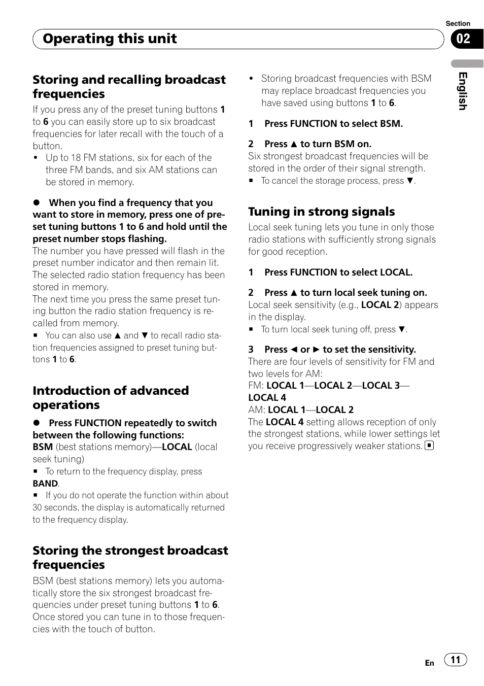 Storing and recalling broadcast, Frequencies, Introduction of advanced | Operations, Storing the strongest broadcast, Tuning in strong signals 11, Operating this unit, Storing and recalling broadcast frequencies, Introduction of advanced operations, Storing the strongest broadcast frequencies | Pioneer SRC7127-B/N User Manual | Page 11 / 118