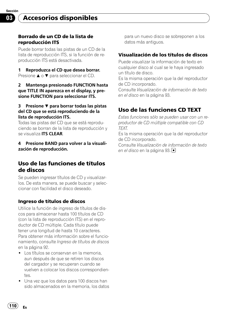 Uso de las funciones de títulos de, Discos, Uso de las funciones cd text 110 | Accesorios disponibles | Pioneer SRC7127-B/N User Manual | Page 110 / 118