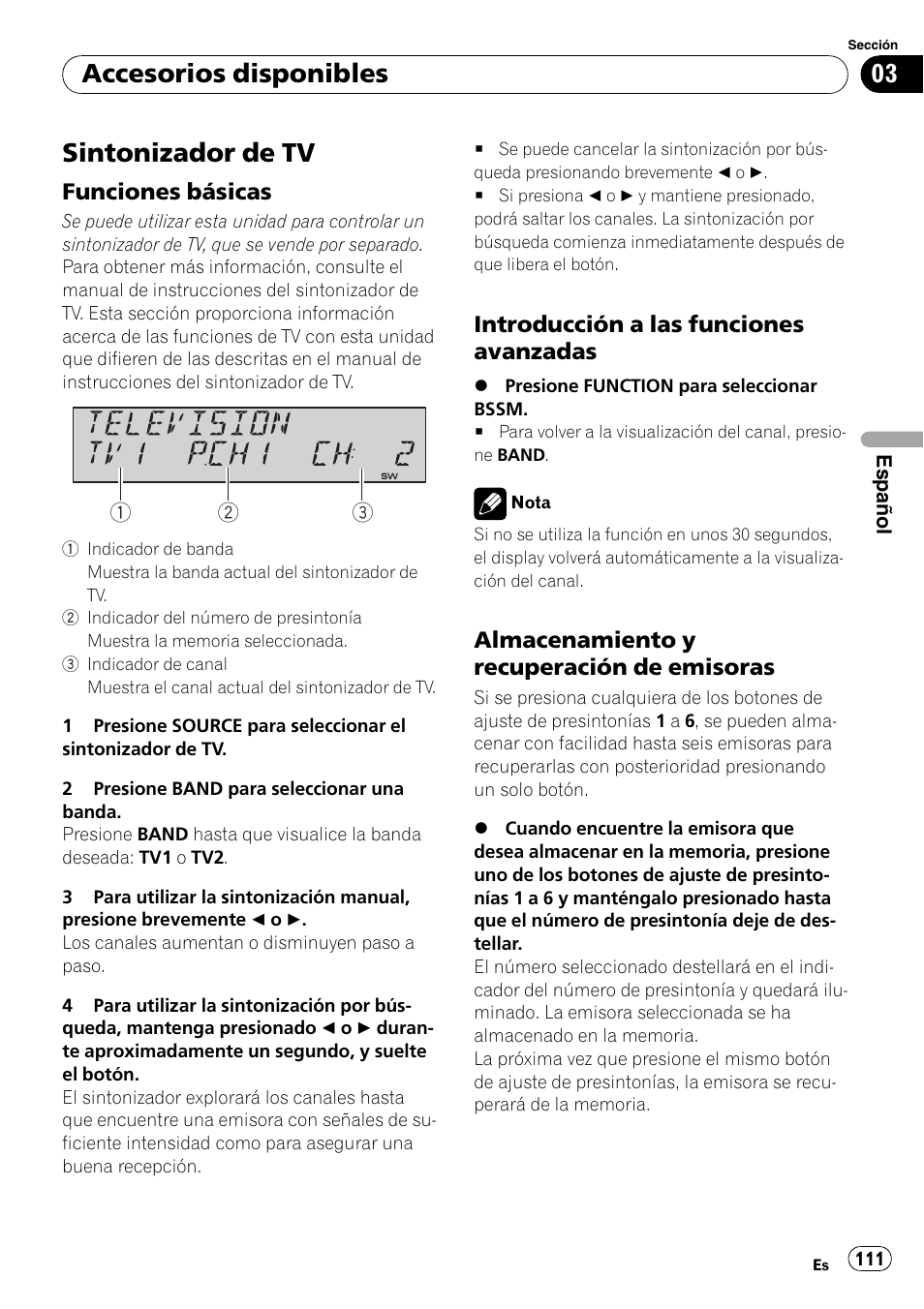 Sintonizador de tv, Funciones básicas 111, Introducción a las funciones | Avanzadas, Almacenamiento y recuperación de, Emisoras, Accesorios disponibles, Funciones básicas, Introducción a las funciones avanzadas, Almacenamiento y recuperación de emisoras | Pioneer SRC7127-B/N User Manual | Page 111 / 118